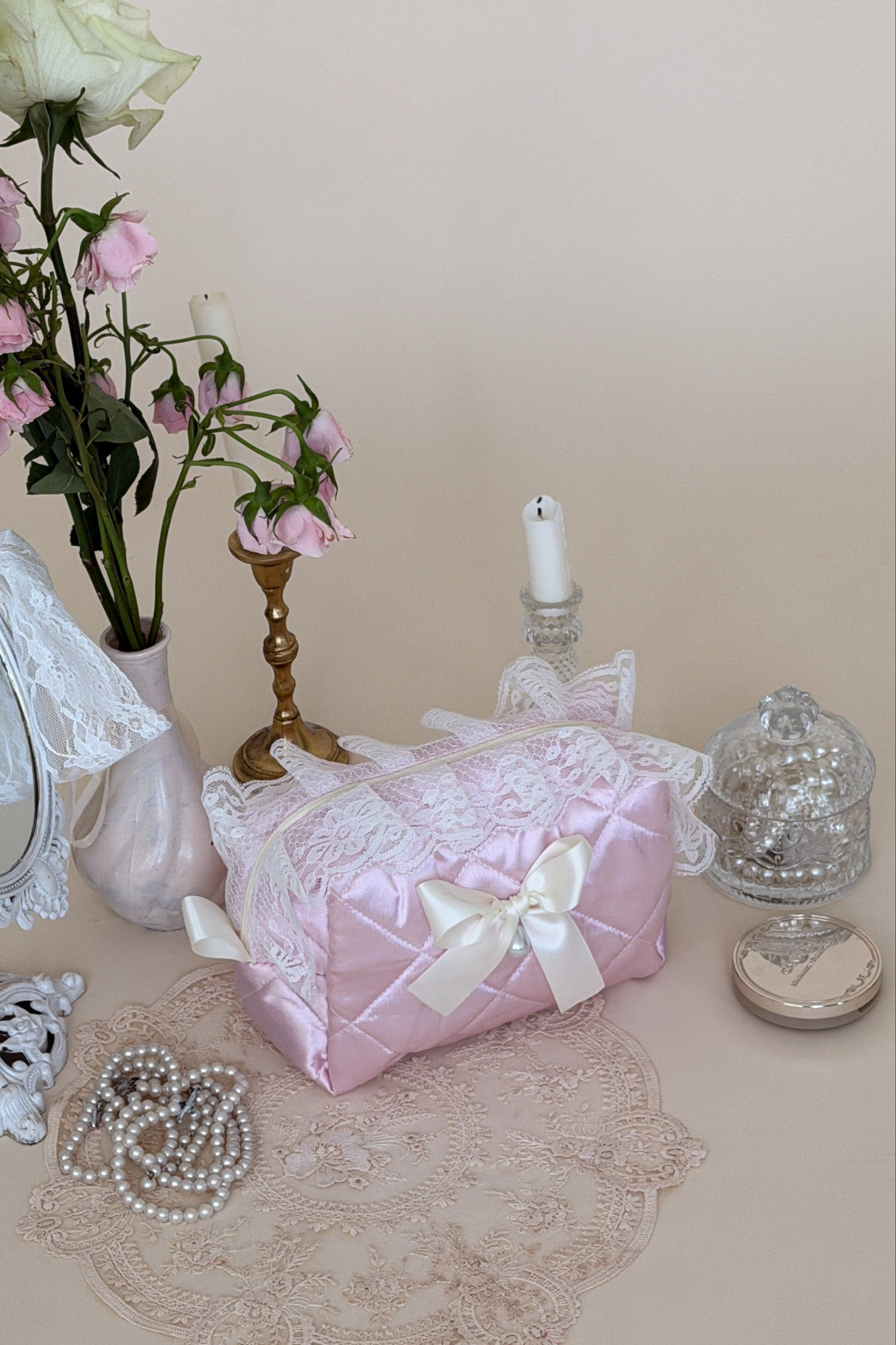 Zarina Light Pink Quilted Satin Makeup Bag