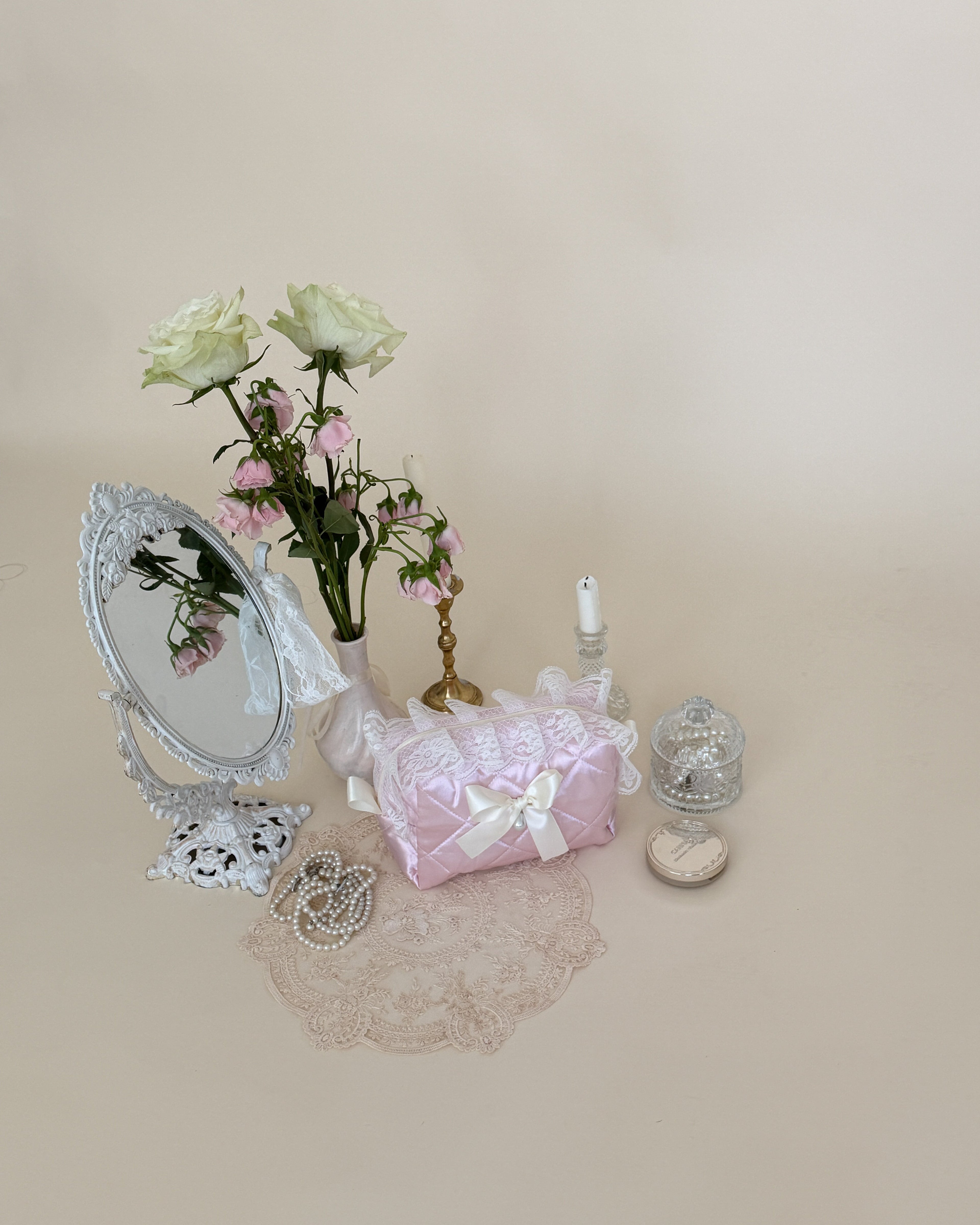 Zarina Light Pink Quilted Satin Makeup Bag