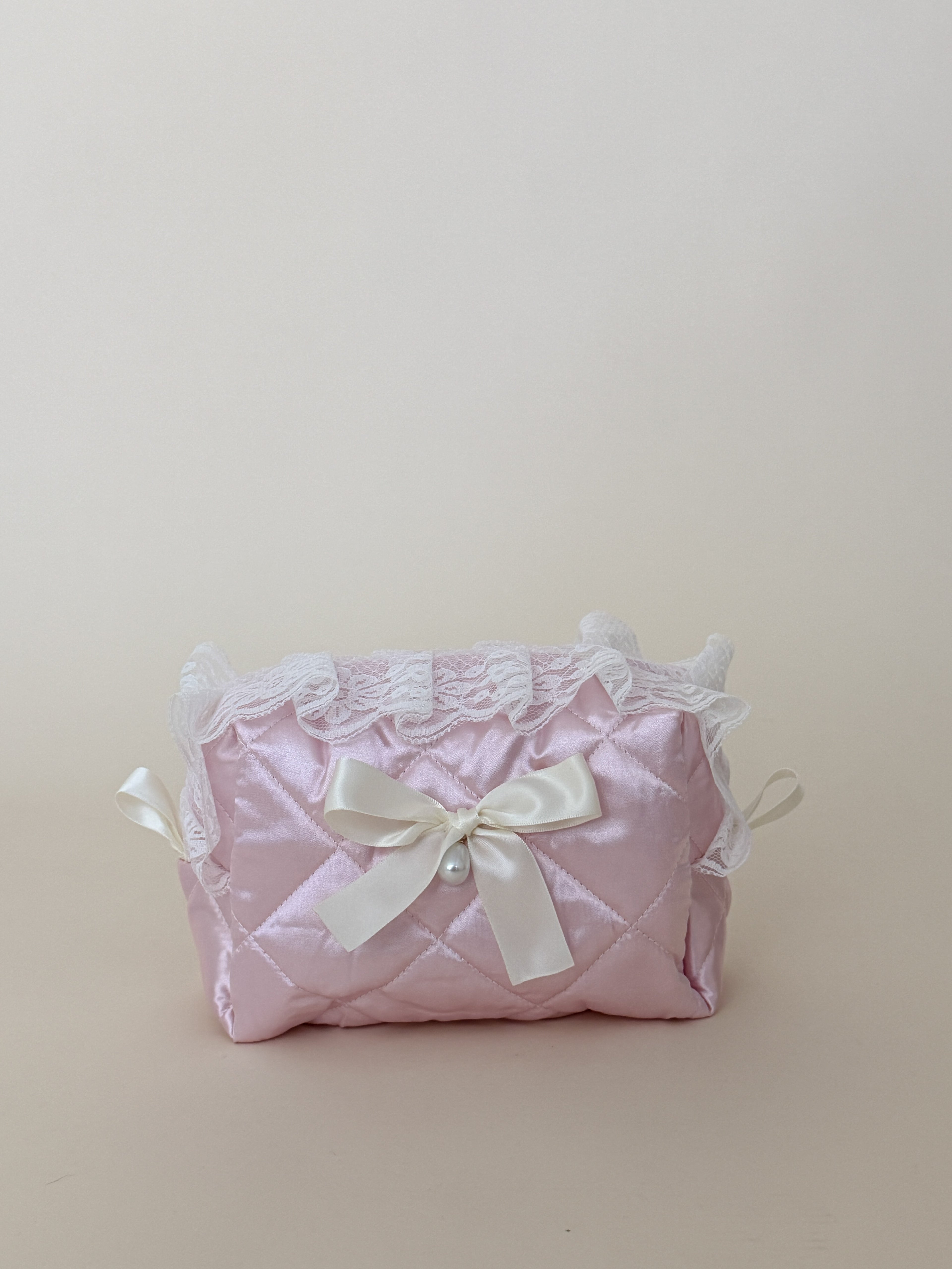 Zarina Light Pink Quilted Satin Makeup Bag